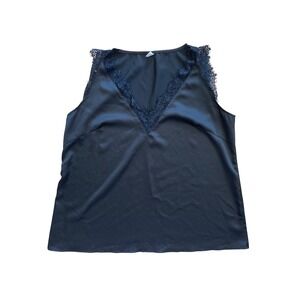 Plus Size Black Lace Trim V Neck Dark Romantic Sleeveless Satin Tank Top XL Goth